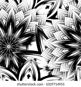 Seamless floral background. Tracery handmade nature ethnic fabric backdrop pattern with saturated dark flowers. Textile design texture. Decorative binary monochrome black and white art. Vector