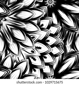 Seamless floral background. Tracery handmade nature ethnic fabric backdrop pattern with saturated dark flowers. Textile design texture. Decorative binary monochrome black and white art. Vector