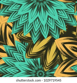 Seamless floral background. Tracery handmade nature ethnic fabric backdrop pattern with flowers. Textile design texture. Decorative color art. Vector