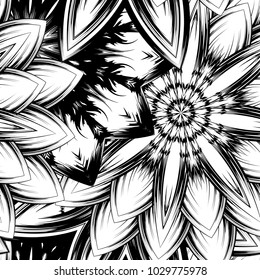 Seamless floral background. Tracery handmade nature ethnic fabric backdrop pattern with saturated dark flowers. Textile design texture. Decorative binary monochrome black and white art. Vector