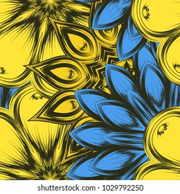 Seamless floral background. Tracery handmade nature ethnic fabric backdrop pattern with flowers. Textile design texture. Decorative color art. Vector