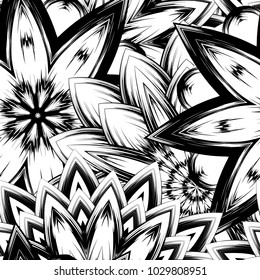 Seamless floral background. Tracery handmade nature ethnic fabric backdrop pattern with saturated dark flowers. Textile design texture. Decorative binary monochrome black and white art. Vector