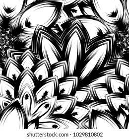 Seamless floral background. Tracery handmade nature ethnic fabric backdrop pattern with saturated dark flowers. Textile design texture. Decorative binary monochrome black and white art. Vector