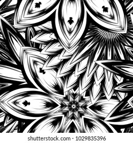 Seamless floral background. Tracery handmade nature ethnic fabric backdrop pattern with saturated dark flowers. Textile design texture. Decorative binary monochrome black and white art. Vector