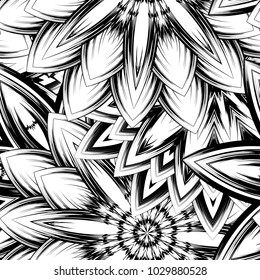 Seamless floral background. Tracery handmade nature ethnic fabric backdrop pattern with saturated dark flowers. Textile design texture. Decorative binary monochrome black and white art. Vector