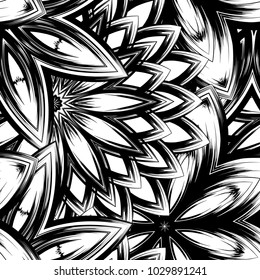 Seamless floral background. Tracery handmade nature ethnic fabric backdrop pattern with saturated dark flowers. Textile design texture. Decorative binary monochrome black and white art. Vector