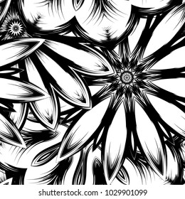 Seamless floral background. Tracery handmade nature ethnic fabric backdrop pattern with saturated dark flowers. Textile design texture. Decorative binary monochrome black and white art. Vector