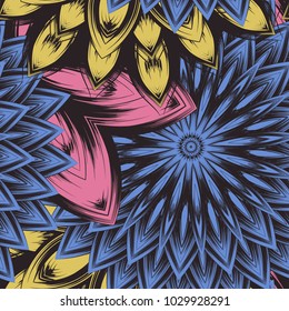 Seamless floral background. Tracery handmade nature ethnic fabric backdrop pattern with flowers. Textile design texture. Decorative color art. Vector