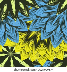 Seamless floral background. Tracery handmade nature ethnic fabric backdrop pattern with flowers. Textile design texture. Decorative color art. Vector