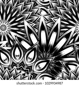 Seamless floral background. Tracery handmade nature ethnic fabric backdrop pattern with saturated dark flowers. Textile design texture. Decorative binary monochrome black and white art. Vector