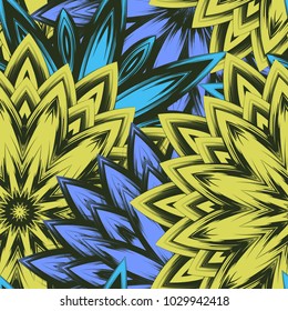 Seamless floral background. Tracery handmade nature ethnic fabric backdrop pattern with flowers. Textile design texture. Decorative color art. Vector