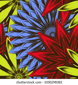 Seamless floral background. Tracery handmade nature ethnic fabric backdrop pattern with flowers. Textile design texture. Decorative color art. Vector