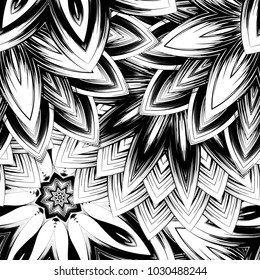 Seamless floral background. Tracery handmade nature ethnic fabric backdrop pattern with saturated dark flowers. Textile design texture. Decorative binary monochrome black and white art. Vector