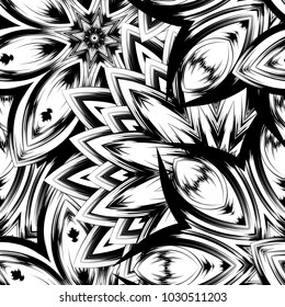 Seamless floral background. Tracery handmade nature ethnic fabric backdrop pattern with saturated dark flowers. Textile design texture. Decorative binary monochrome black and white art. Vector