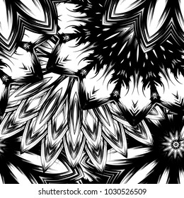 Seamless floral background. Tracery handmade nature ethnic fabric backdrop pattern with saturated dark flowers. Textile design texture. Decorative binary monochrome black and white art. Vector