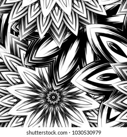 Seamless floral background. Tracery handmade nature ethnic fabric backdrop pattern with saturated dark flowers. Textile design texture. Decorative binary monochrome black and white art. Vector