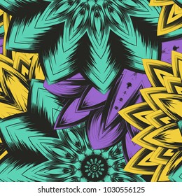 Seamless floral background. Tracery handmade nature ethnic fabric backdrop pattern with flowers. Textile design texture. Decorative color art. Vector