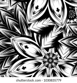 Seamless floral background. Tracery handmade nature ethnic fabric backdrop pattern with saturated dark flowers. Textile design texture. Decorative binary monochrome black and white art. Vector