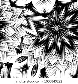 Seamless floral background. Tracery handmade nature ethnic fabric backdrop pattern with saturated dark flowers. Textile design texture. Decorative binary monochrome black and white art. Vector