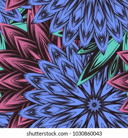Seamless floral background. Tracery handmade nature ethnic fabric backdrop pattern with flowers. Textile design texture. Decorative color art. Vector