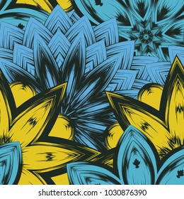 Seamless floral background. Tracery handmade nature ethnic fabric backdrop pattern with flowers. Textile design texture. Decorative color art. Vector