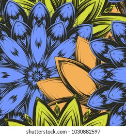 Seamless floral background. Tracery handmade nature ethnic fabric backdrop pattern with flowers. Textile design texture. Decorative color art. Vector