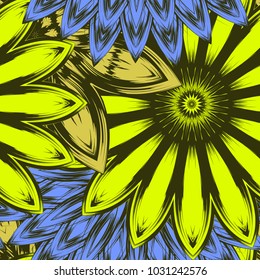 Seamless floral background. Tracery handmade nature ethnic fabric backdrop pattern with flowers. Textile design texture. Decorative color art. Vector