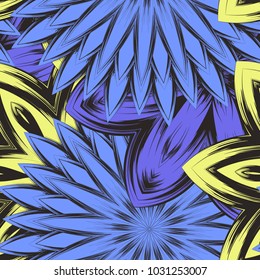 Seamless floral background. Tracery handmade nature ethnic fabric backdrop pattern with flowers. Textile design texture. Decorative color art. Vector