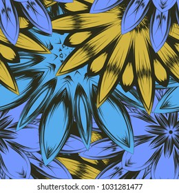 Seamless floral background. Tracery handmade nature ethnic fabric backdrop pattern with flowers. Textile design texture. Decorative color art. Vector