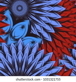 Seamless floral background. Tracery handmade nature ethnic fabric backdrop pattern with flowers. Textile design texture. Decorative color art. Vector