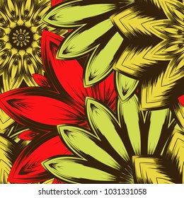 Seamless floral background. Tracery handmade nature ethnic fabric backdrop pattern with flowers. Textile design texture. Decorative color art. Vector