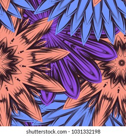 Seamless floral background. Tracery handmade nature ethnic fabric backdrop pattern with flowers. Textile design texture. Decorative color art. Vector