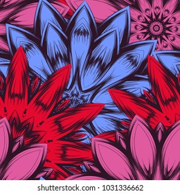 Seamless floral background. Tracery handmade nature ethnic fabric backdrop pattern with flowers. Textile design texture. Decorative color art. Vector