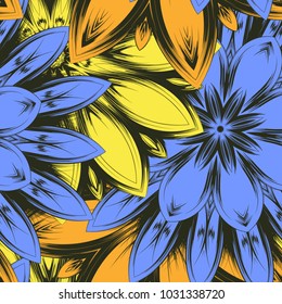 Seamless floral background. Tracery handmade nature ethnic fabric backdrop pattern with flowers. Textile design texture. Decorative color art. Vector