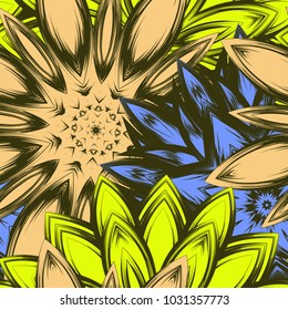 Seamless floral background. Tracery handmade nature ethnic fabric backdrop pattern with flowers. Textile design texture. Decorative color art. Vector