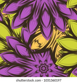 Seamless floral background. Tracery handmade nature ethnic fabric backdrop pattern with flowers. Textile design texture. Decorative color art. Vector