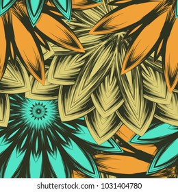 Seamless floral background. Tracery handmade nature ethnic fabric backdrop pattern with flowers. Textile design texture. Decorative color art. Vector