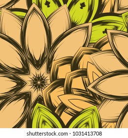 Seamless floral background. Tracery handmade nature ethnic fabric backdrop pattern with flowers. Textile design texture. Decorative color art. Vector