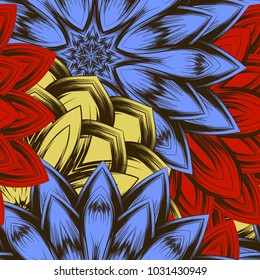 Seamless floral background. Tracery handmade nature ethnic fabric backdrop pattern with flowers. Textile design texture. Decorative color art. Vector