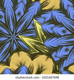 Seamless floral background. Tracery handmade nature ethnic fabric backdrop pattern with flowers. Textile design texture. Decorative color art. Vector
