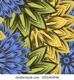 Seamless floral background. Tracery handmade nature ethnic fabric backdrop pattern with flowers. Textile design texture. Decorative color art. Vector