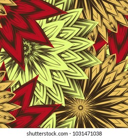 Seamless floral background. Tracery handmade nature ethnic fabric backdrop pattern with flowers. Textile design texture. Decorative color art. Vector