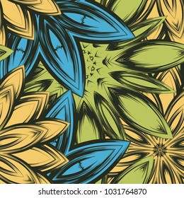 Seamless floral background. Tracery handmade nature ethnic fabric backdrop pattern with flowers. Textile design texture. Decorative color art. Vector