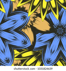 Seamless floral background. Tracery handmade nature ethnic fabric backdrop pattern with flowers. Textile design texture. Decorative color art. Vector