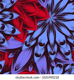 Seamless floral background. Tracery handmade nature ethnic fabric backdrop pattern with flowers. Textile design texture. Decorative color art. Vector