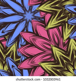 Seamless floral background. Tracery handmade nature ethnic fabric backdrop pattern with flowers. Textile design texture. Decorative color art. Vector