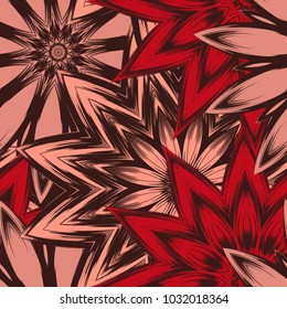 Seamless floral background. Tracery handmade nature ethnic fabric backdrop pattern with flowers. Textile design texture. Decorative color art. Vector