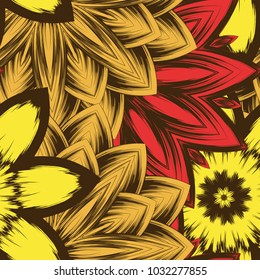 Seamless floral background. Tracery handmade nature ethnic fabric backdrop pattern with flowers. Textile design texture. Decorative color art. Vector