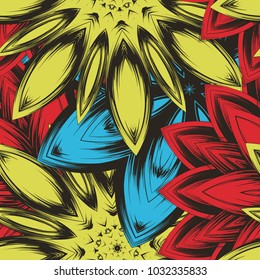 Seamless floral background. Tracery handmade nature ethnic fabric backdrop pattern with flowers. Textile design texture. Decorative color art. Vector