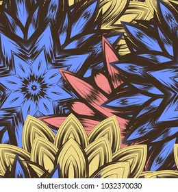 Seamless floral background. Tracery handmade nature ethnic fabric backdrop pattern with flowers. Textile design texture. Decorative color art. Vector